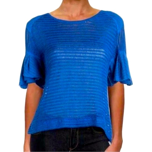 Free People Blue Knit Ruffle Short Sleeve Shirt XS NWOT - Picture 3 of 9